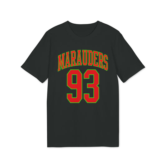 Black t-shirt with "MARAUDERS 93" text in red and green.