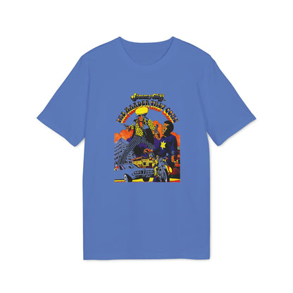 Jimmy Cliff's "The Harder They Come" album cover art on blue t-shirt.