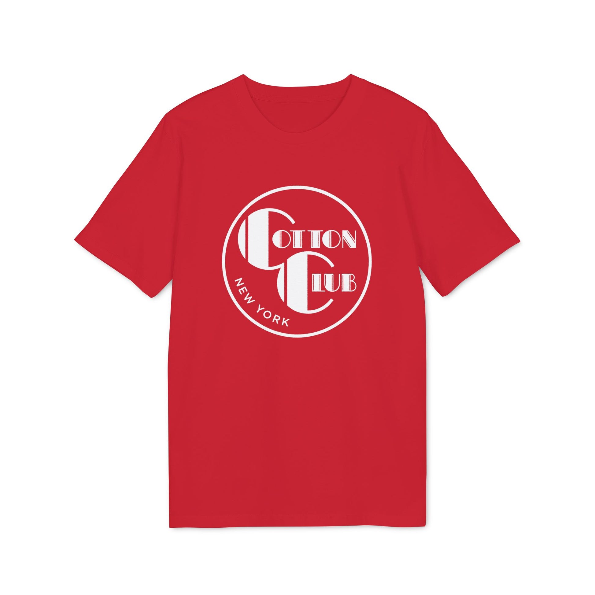 Red t-shirt with white "Cotton Club New York" circular logo on the chest.