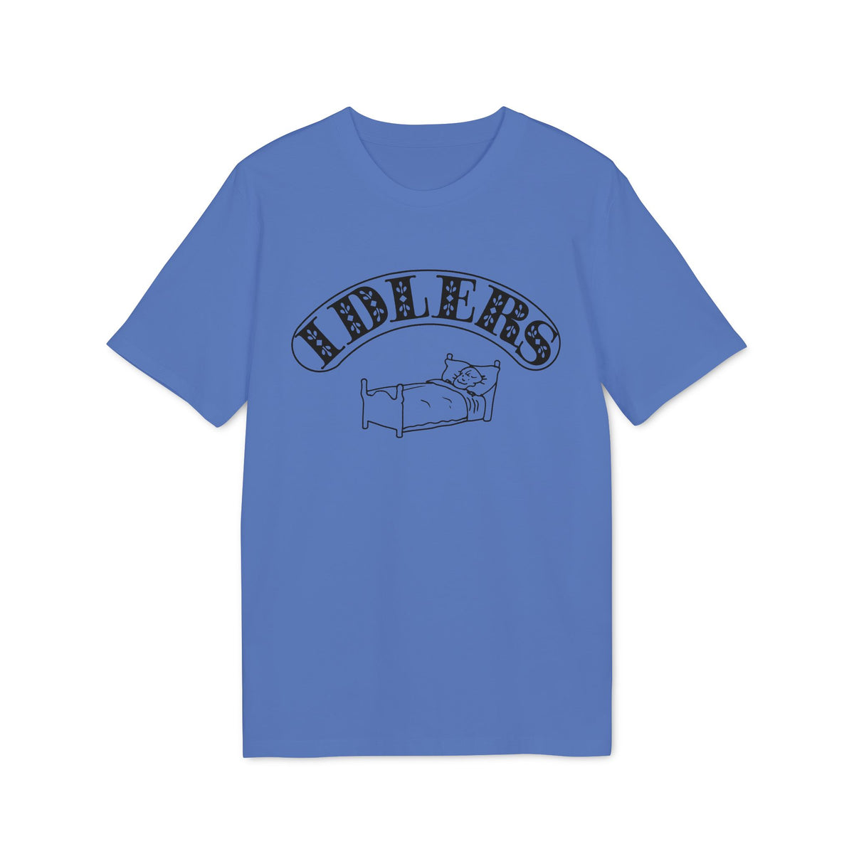 Blue t-shirt with black "IDLERS" text arching over a person sleeping in a bed.