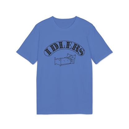 Blue t-shirt with black "IDLERS" text arching over a person sleeping in a bed.
