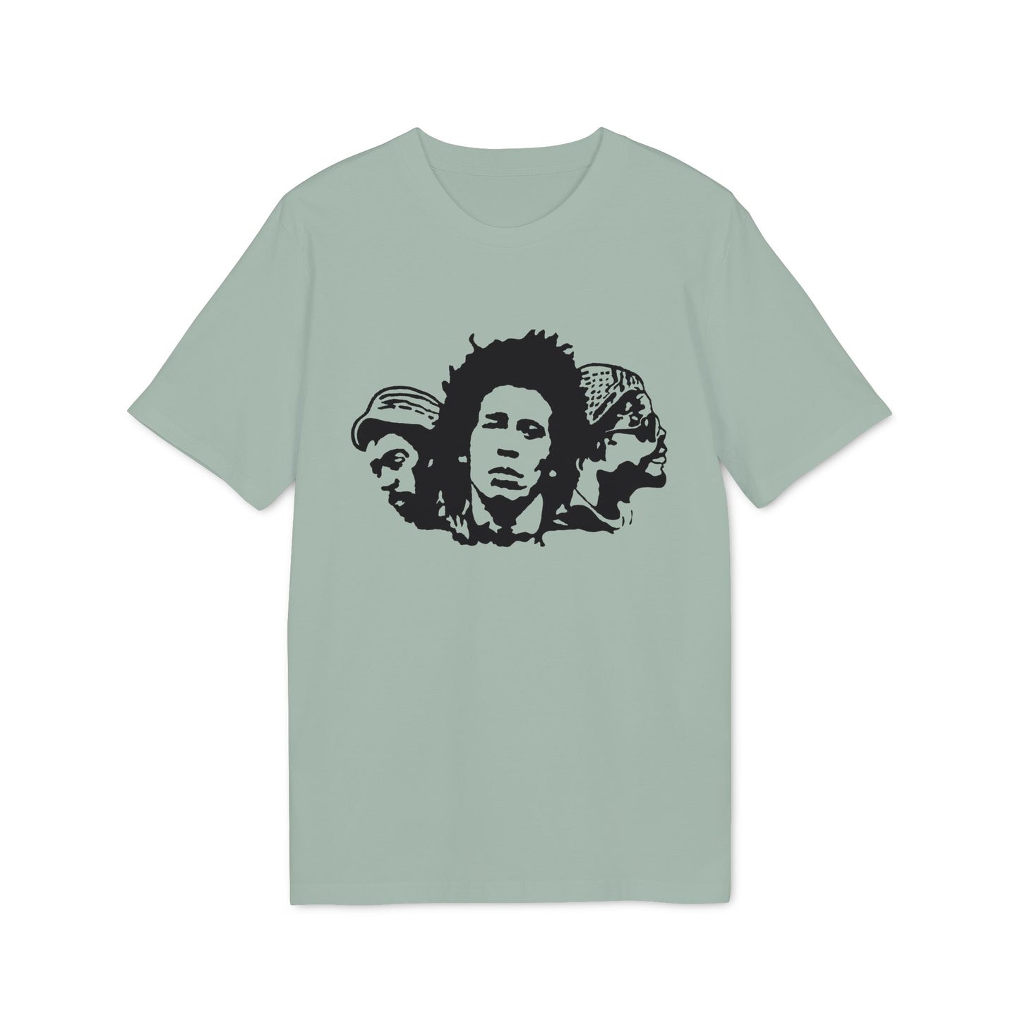 Black stencil graphic of three men's heads on a light green t-shirt.