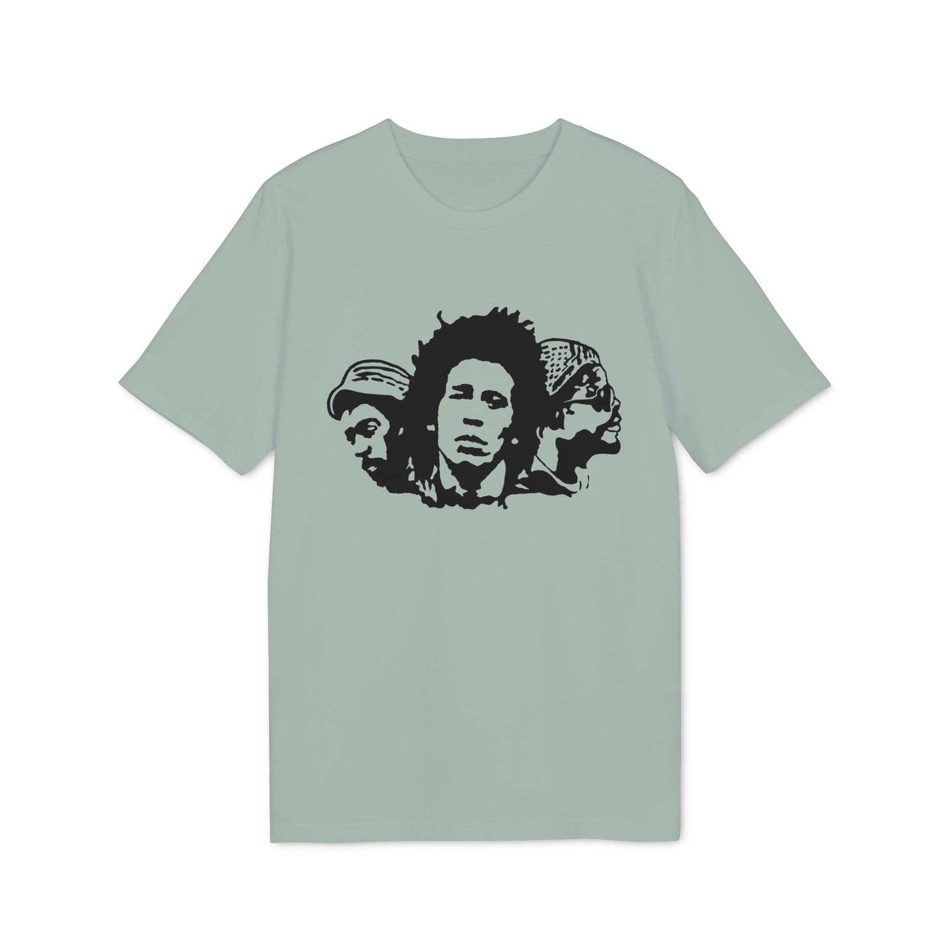 Black stencil graphic of three men's heads on a light green t-shirt.