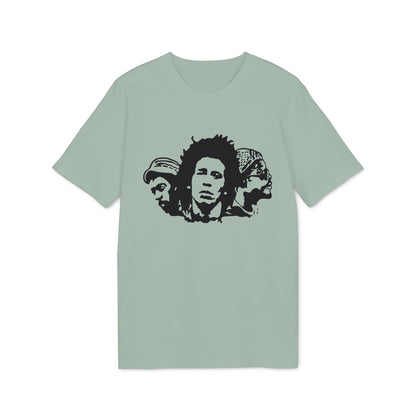 Black stencil graphic of three men's heads on a light green t-shirt.