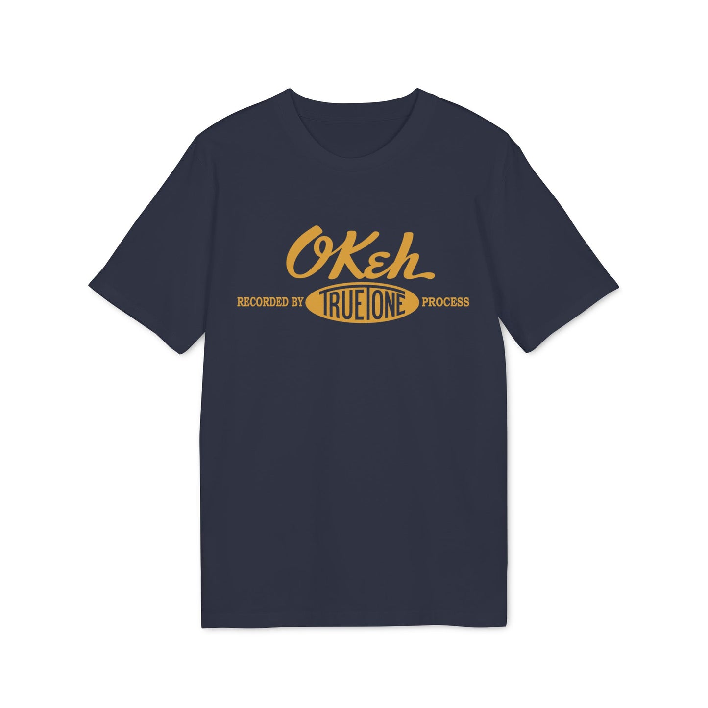 Navy t-shirt with yellow "Okeh Recorded by True One Process" text.