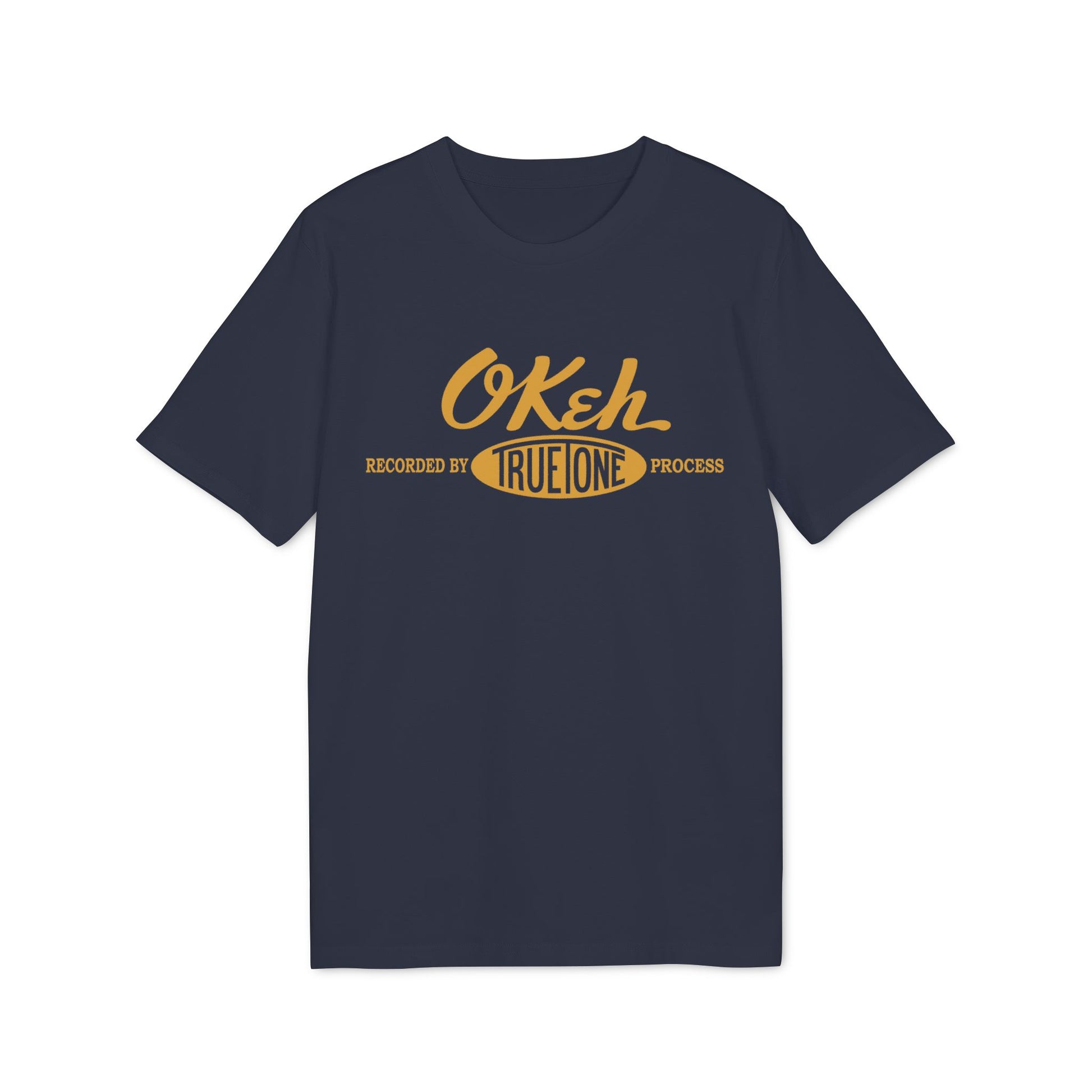 Navy t-shirt with yellow "Okeh Recorded by True One Process" text.