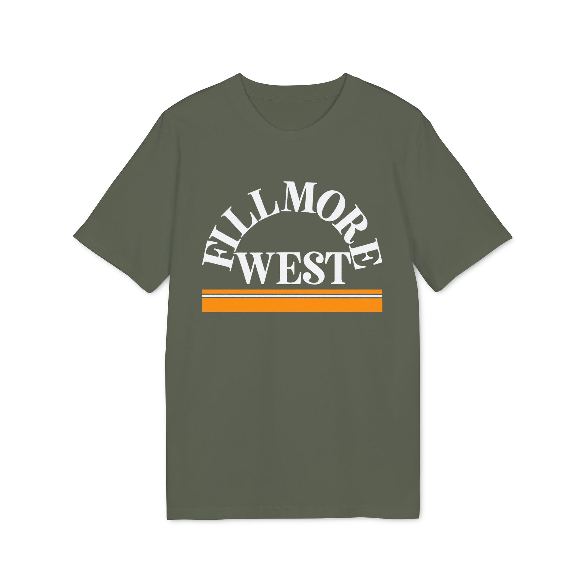 Green t-shirt with white "FILLMORE WEST" text and orange stripes.