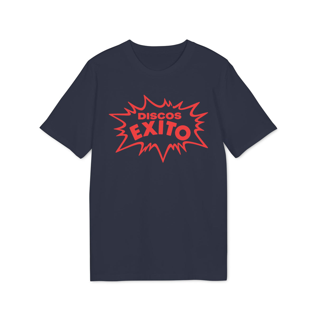 Navy t-shirt with red "Discos Exito" text in a comic book style burst.