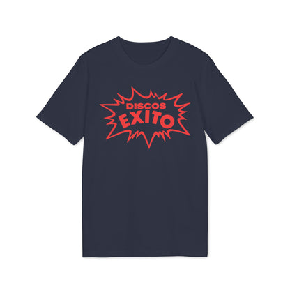 Navy t-shirt with red "Discos Exito" text in a comic book style burst.