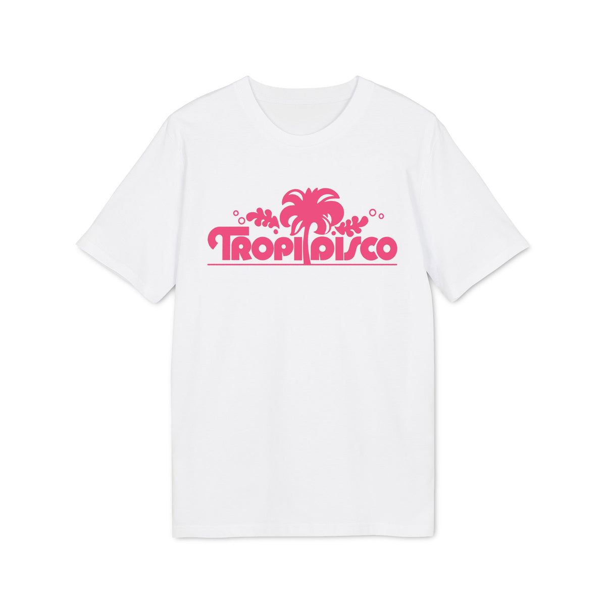 White t-shirt with pink "Tropi Disco" text and palm tree graphic.