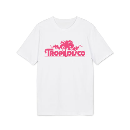 White t-shirt with pink "Tropi Disco" text and palm tree graphic.
