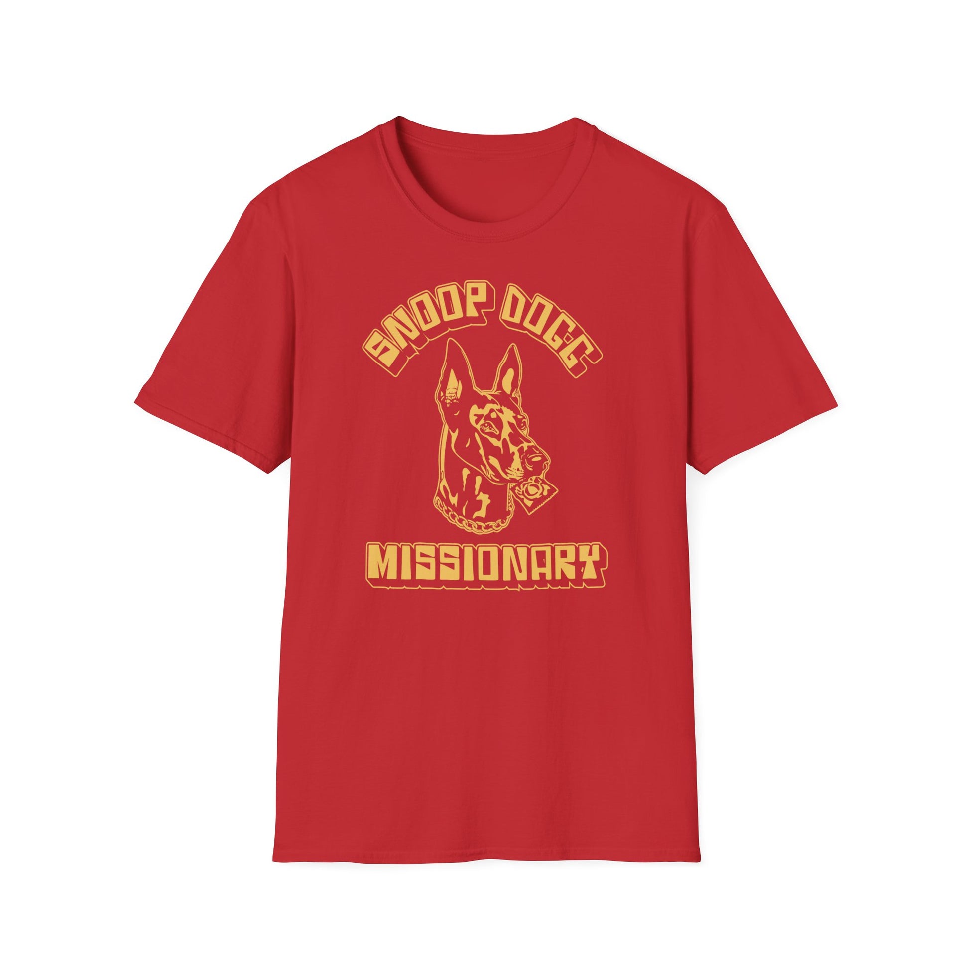 Red t-shirt with Snoop Dogg and Missionary text and dog head graphic.