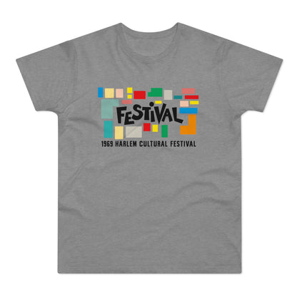 Grey t-shirt with "FESTIVAL" and "1969 HARLEM CULTURAL FESTIVAL" text.