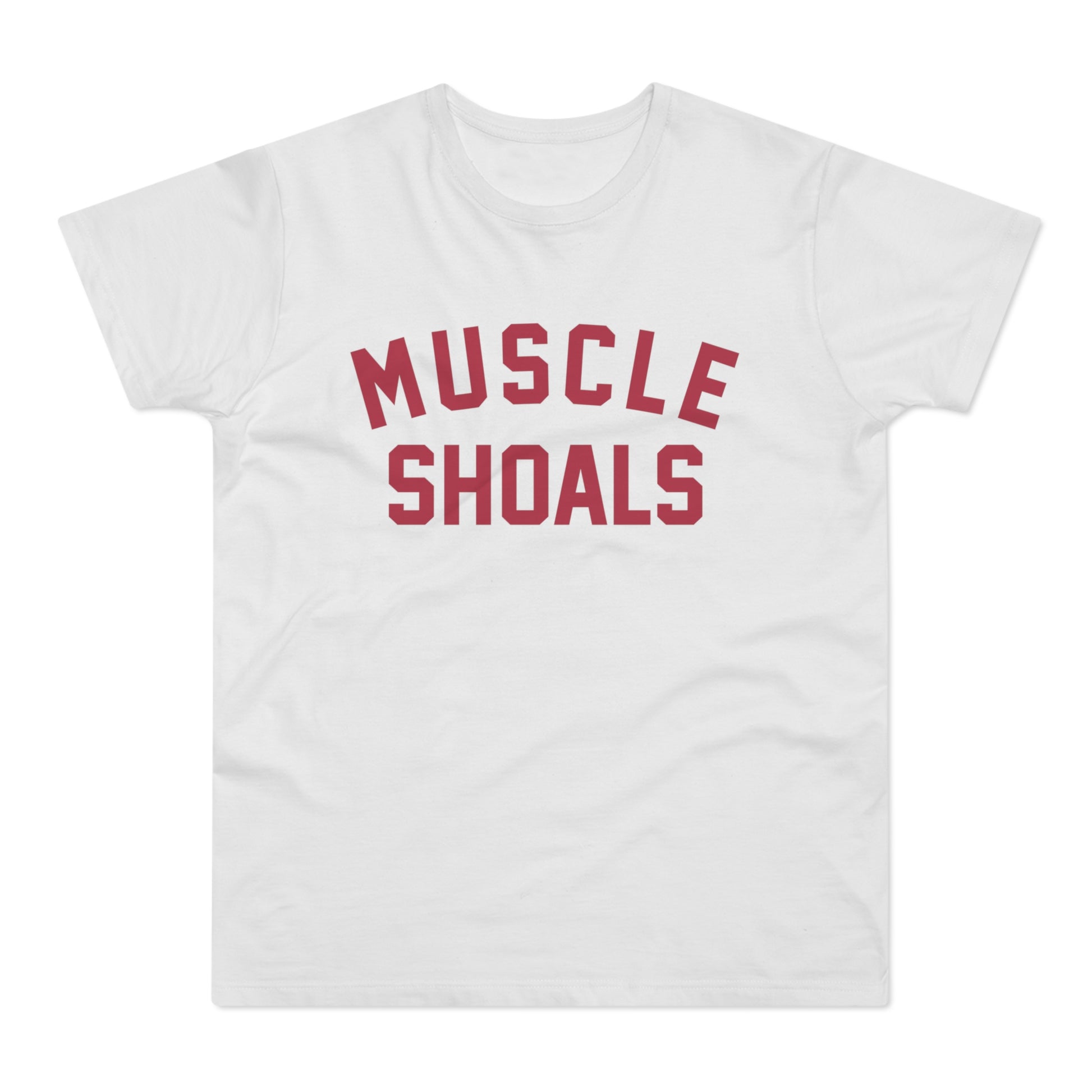 White t-shirt with red collegiate lettering reading "MUSCLE SHOALS".