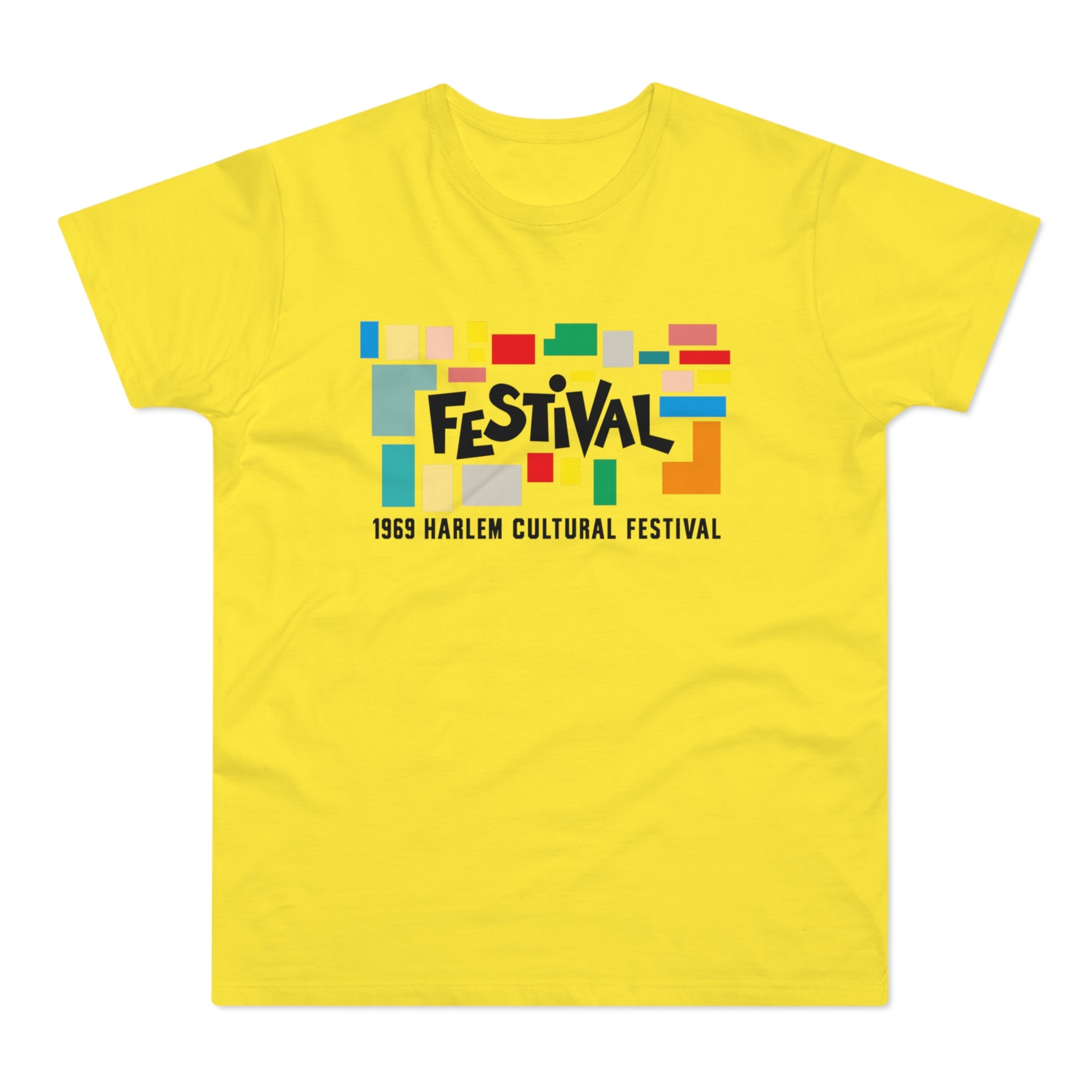 Yellow t-shirt with "FESTIVAL" and "1969 Harlem Cultural Festival" text.