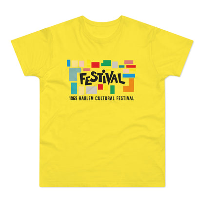 Yellow t-shirt with "FESTIVAL" and "1969 Harlem Cultural Festival" text.