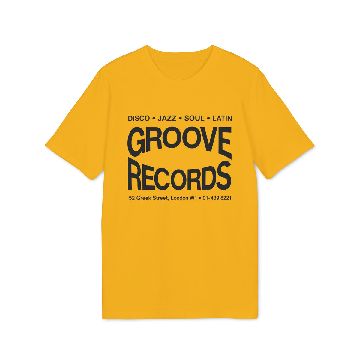 Yellow t-shirt with black text for Groove Records, including genres and address.