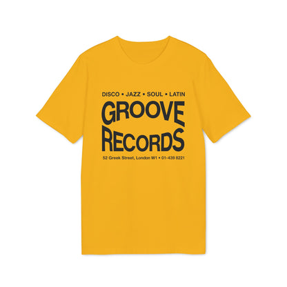 Yellow t-shirt with black text for Groove Records, including genres and address.