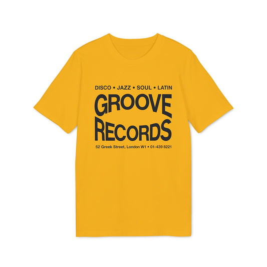 Yellow t-shirt with black text for Groove Records, including genres and address.