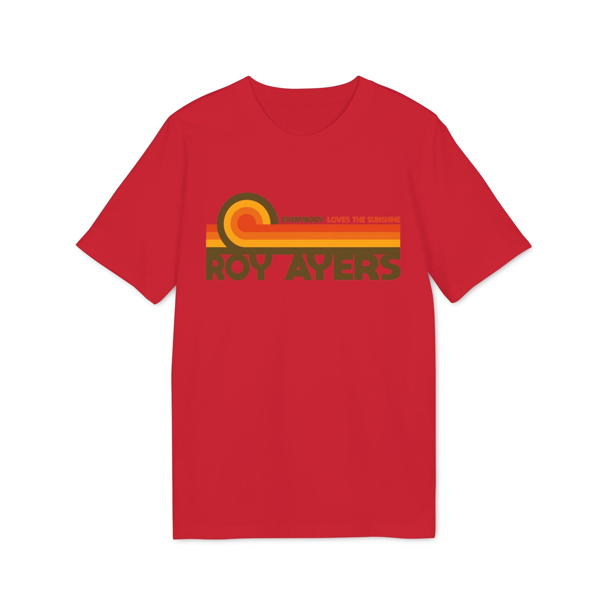 Red t-shirt with a retro design featuring "ROY AYERS" and "EVERYBODY LOVES THE SUNSHINE".