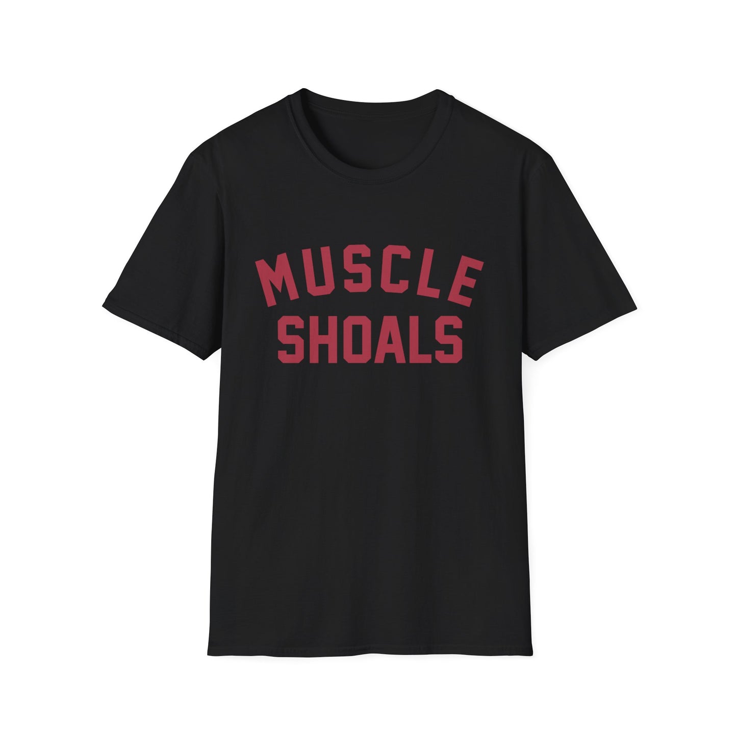Black t-shirt with red text that reads "MUSCLE SHOALS".