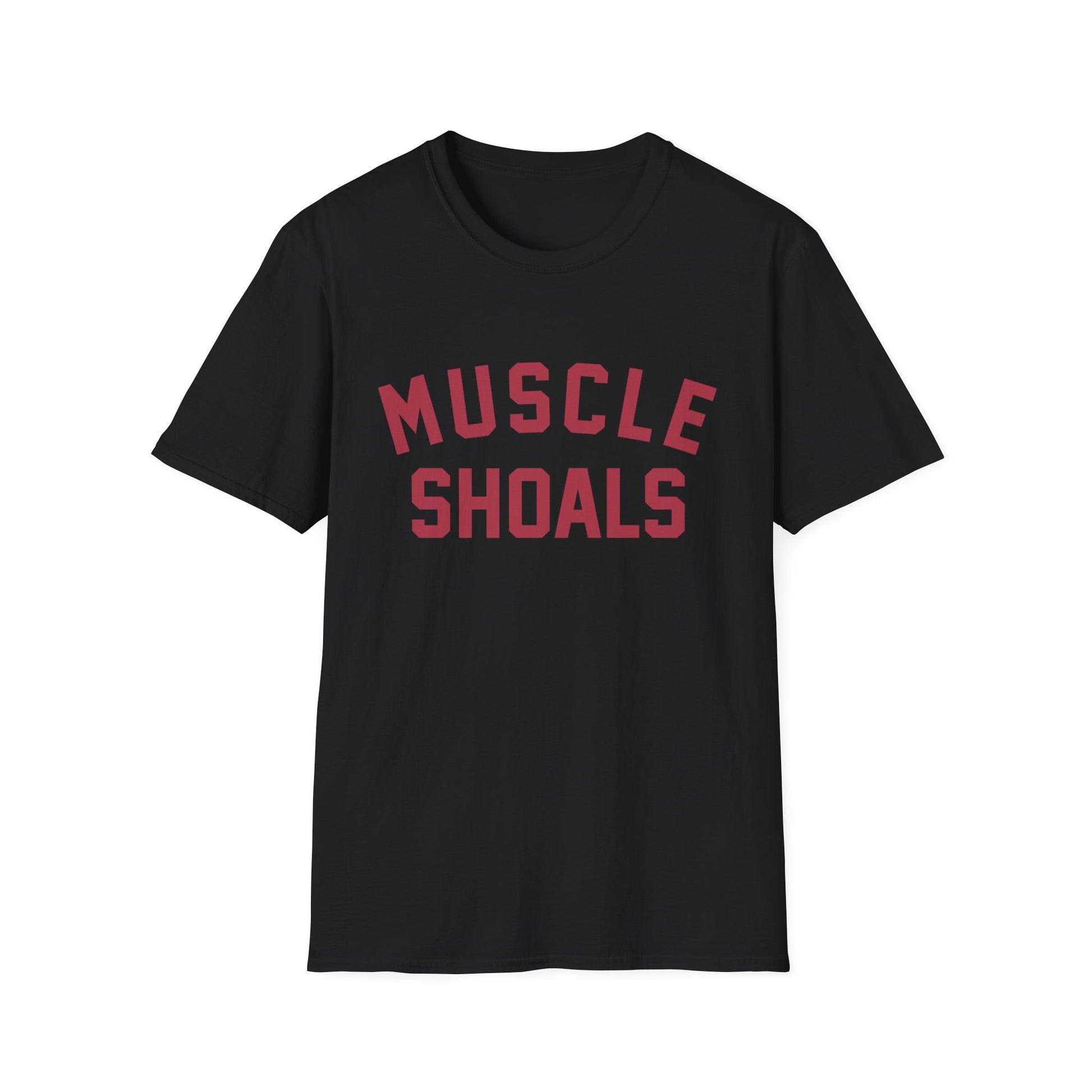 Black t-shirt with red text that reads "MUSCLE SHOALS".