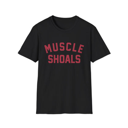 Black t-shirt with red text that reads "MUSCLE SHOALS".