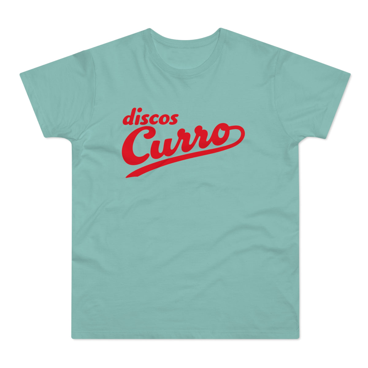 Teal t-shirt with red "discos Curro" script logo.