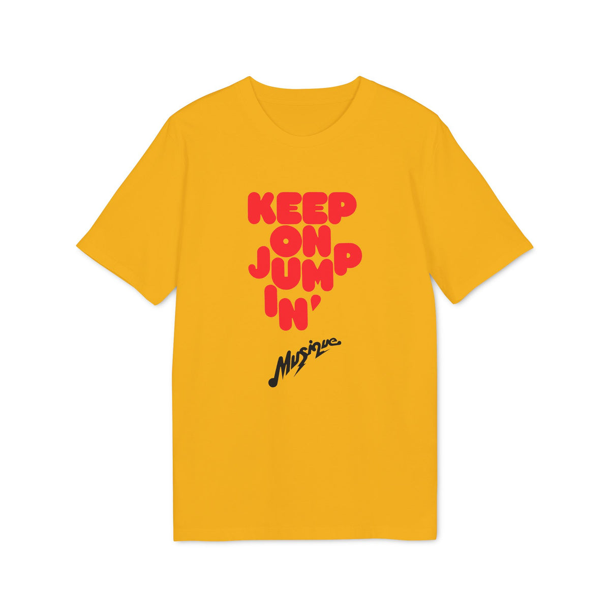 Yellow t-shirt with red text "KEEP ON JUMP'N'" and black text "Musique".