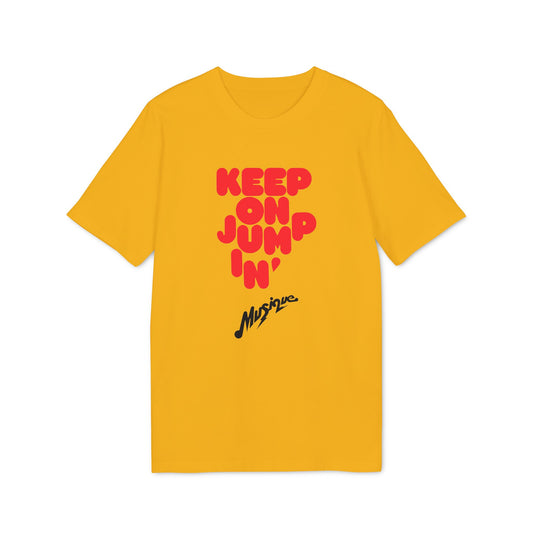 Yellow t-shirt with red text "KEEP ON JUMP'N'" and black text "Musique".