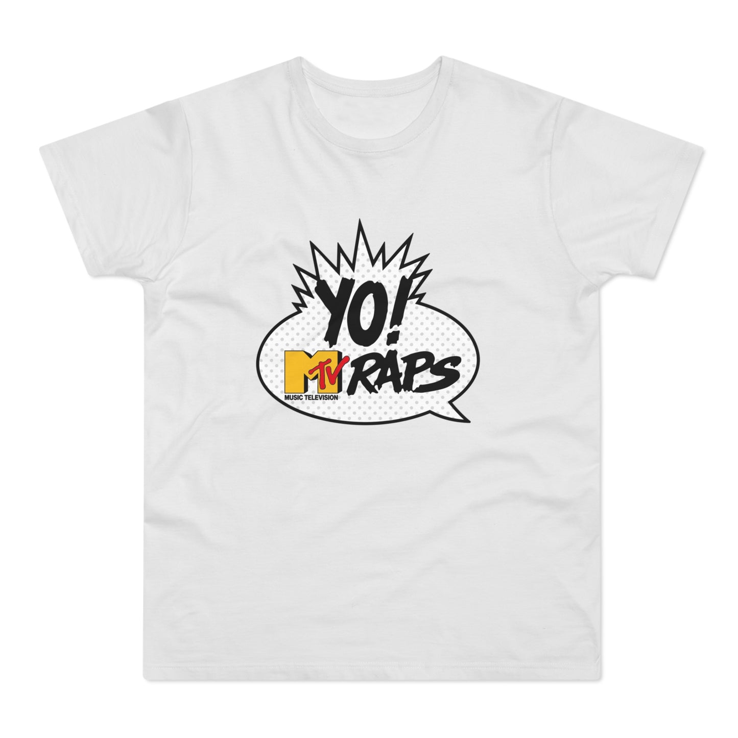 White t-shirt with "YO! MTV RAPS MUSIC TELEVISION" logo in a comic bubble.