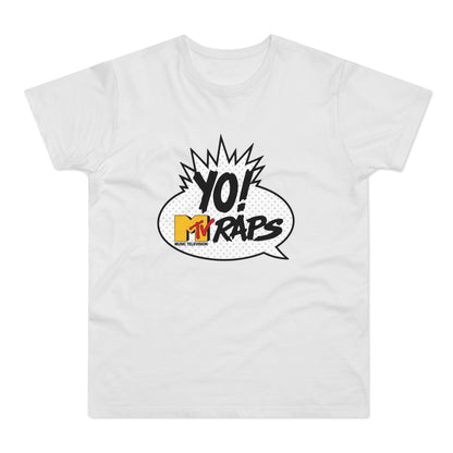 White t-shirt with "YO! MTV RAPS MUSIC TELEVISION" logo in a comic bubble.