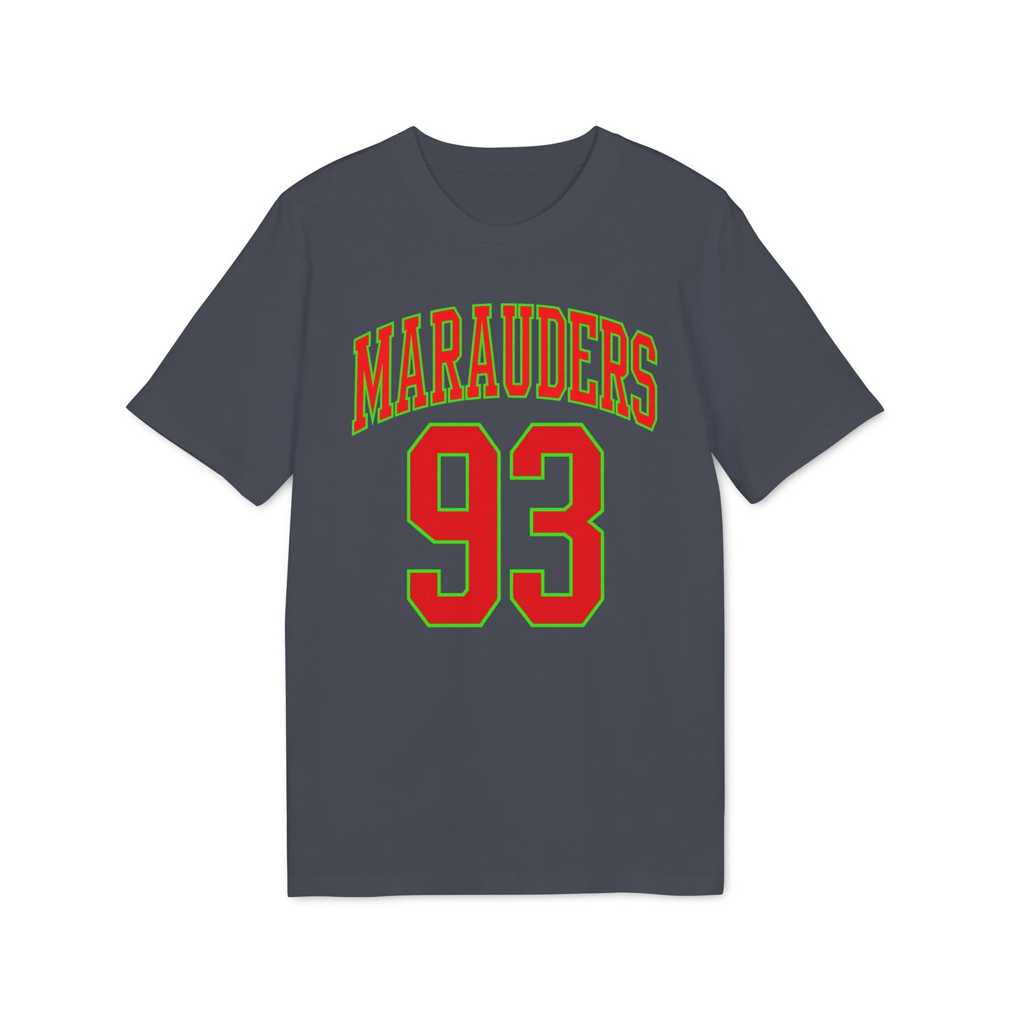 Dark grey t-shirt with "Marauders 93" in red and green lettering.