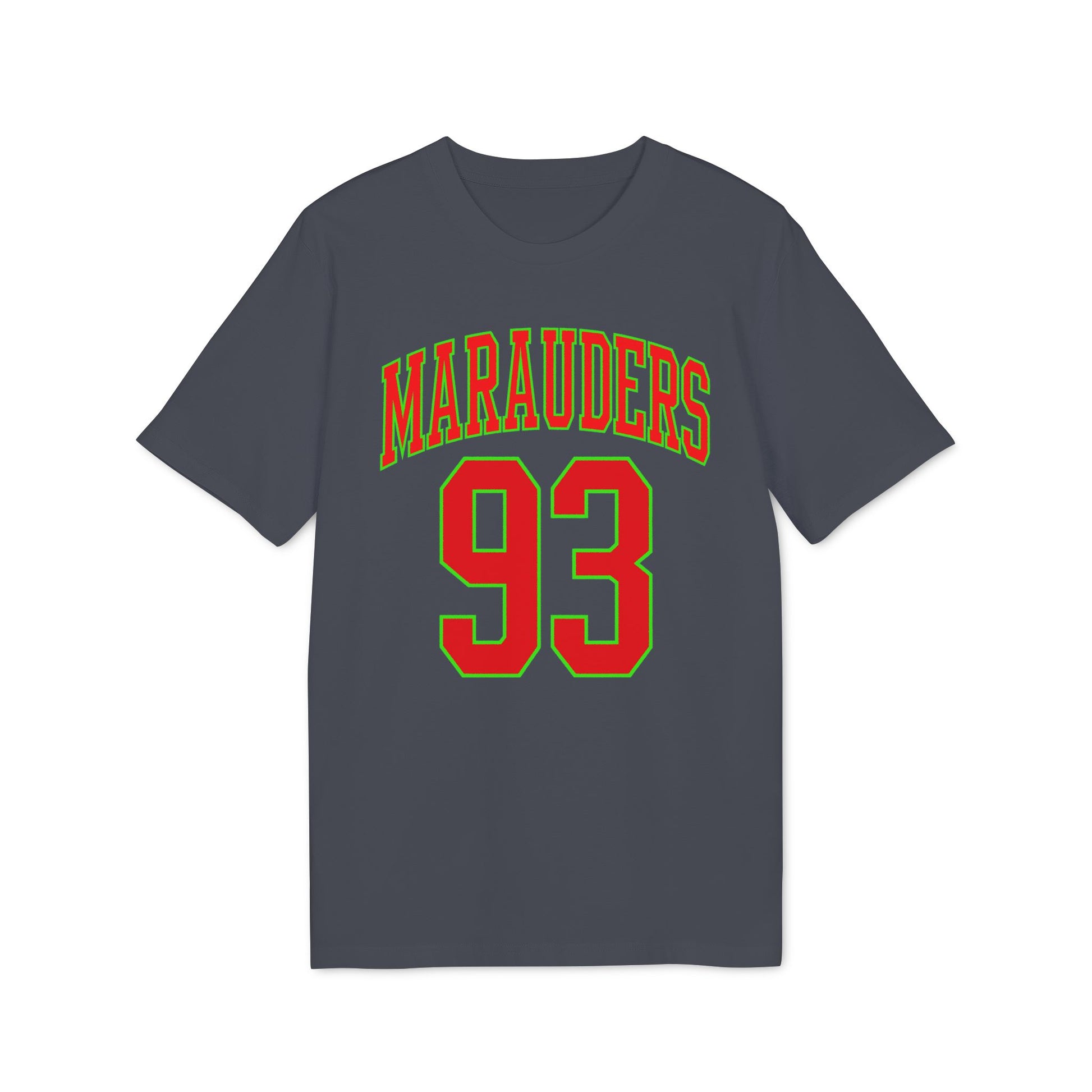 Dark grey t-shirt with "Marauders 93" in red and green lettering.