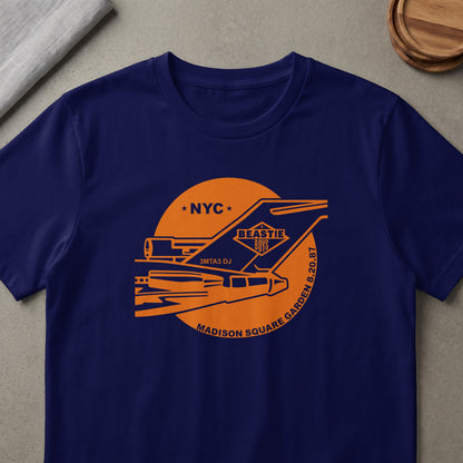 Navy t-shirt with orange Beastie Boys NYC Madison Square Garden 8.20.87 graphic.