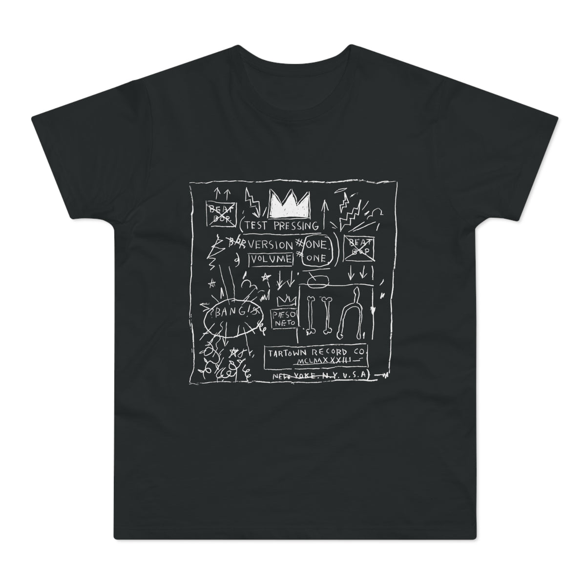 A black t-shirt featuring a white graphic print with graffiti-style text, arrows, and abstract symbols.