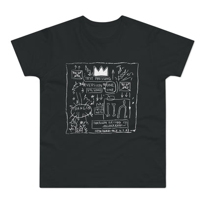 A black t-shirt featuring a white graphic print with graffiti-style text, arrows, and abstract symbols.