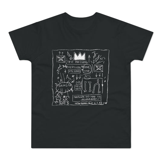A black t-shirt featuring a white graphic print with graffiti-style text, arrows, and abstract symbols.