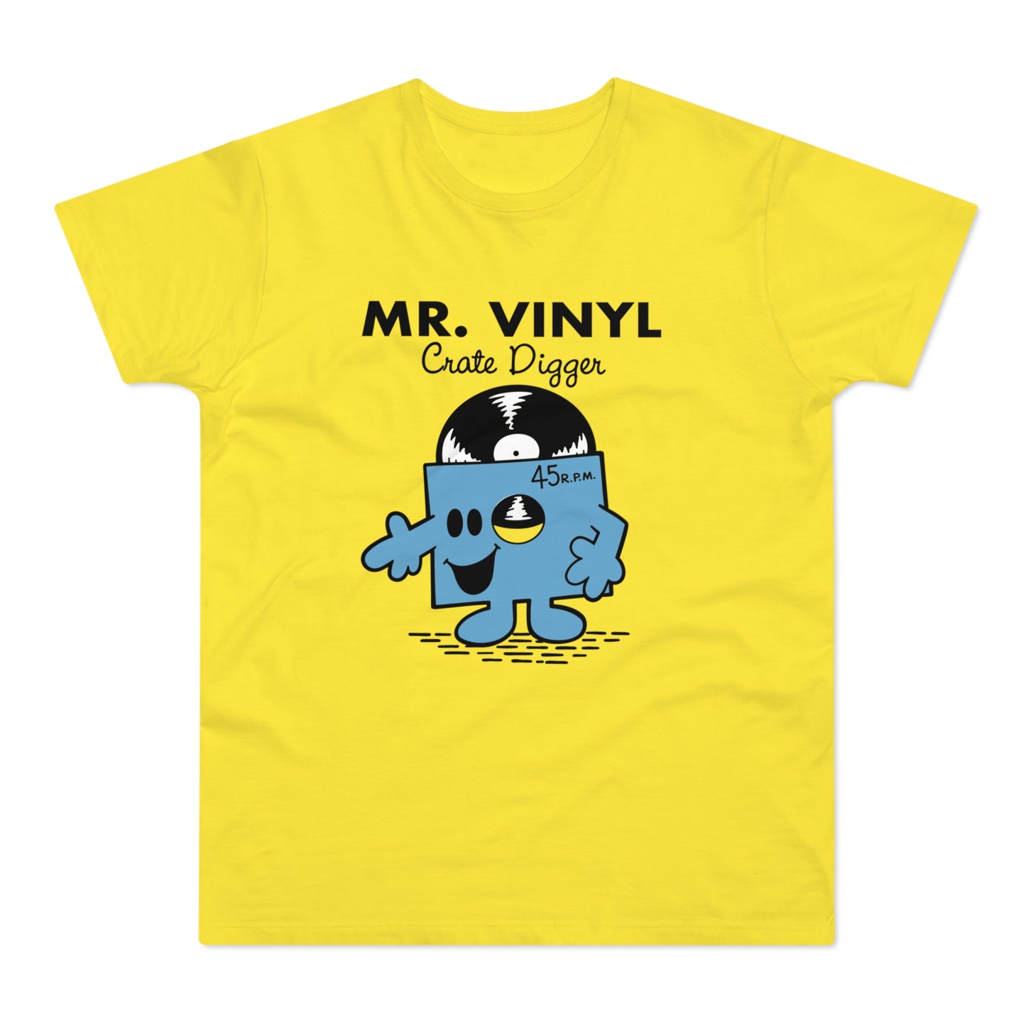 Yellow t-shirt with "MR. VINYL Crate Digger" text and animated record character.