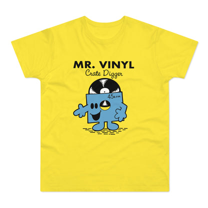 Yellow t-shirt with "MR. VINYL Crate Digger" text and animated record character.
