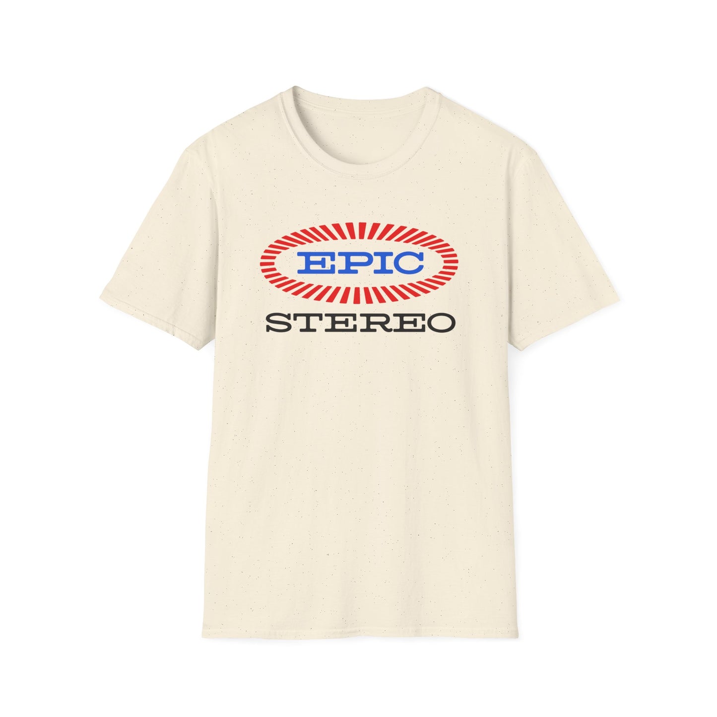 Cream t-shirt with "EPIC STEREO" logo in red and blue oval design.