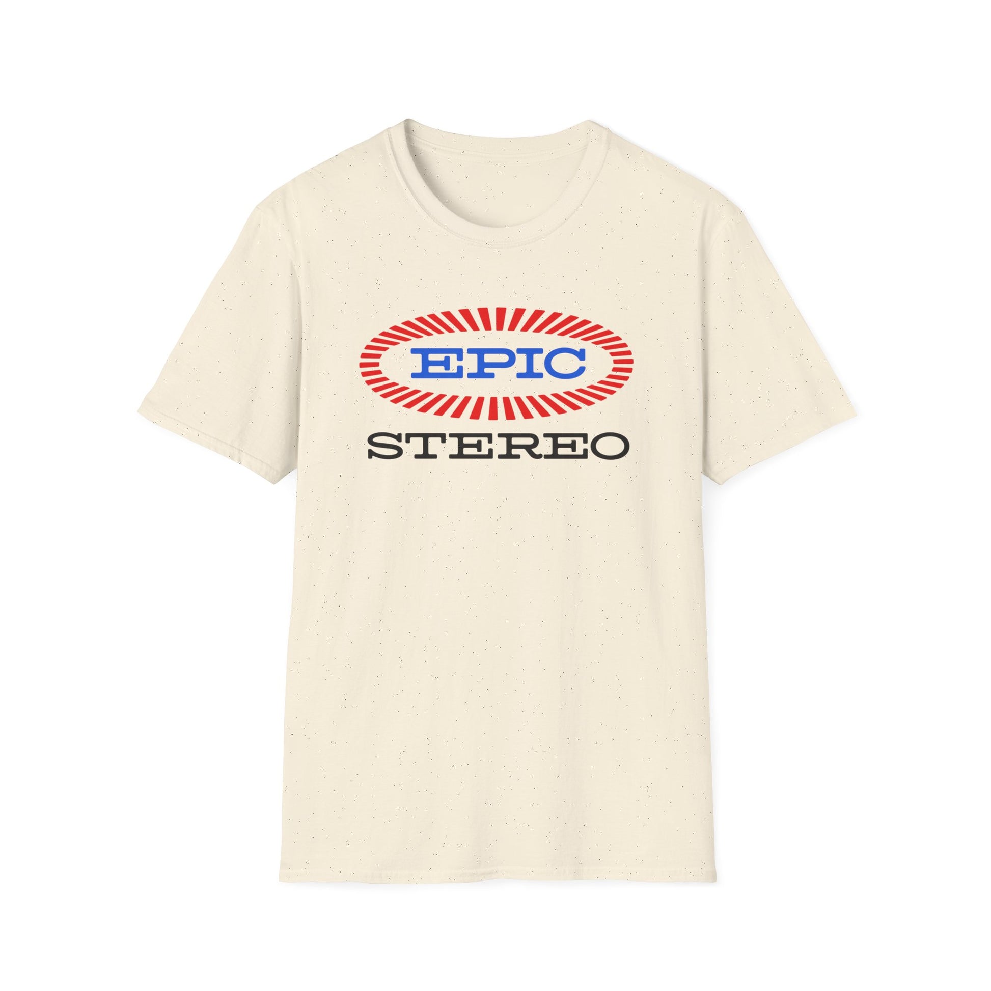 Cream t-shirt with "EPIC STEREO" logo in red and blue oval design.