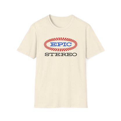 Cream t-shirt with "EPIC STEREO" logo in red and blue oval design.