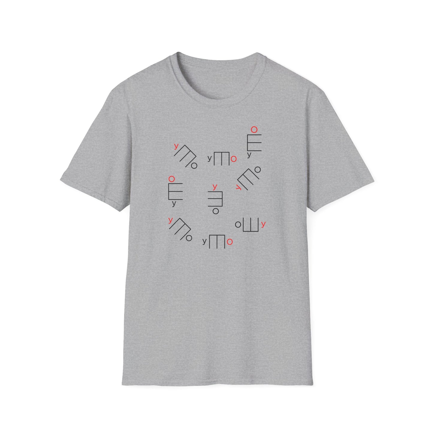 Grey t-shirt with a repeating pattern of abstract line art and the letter 'y'.