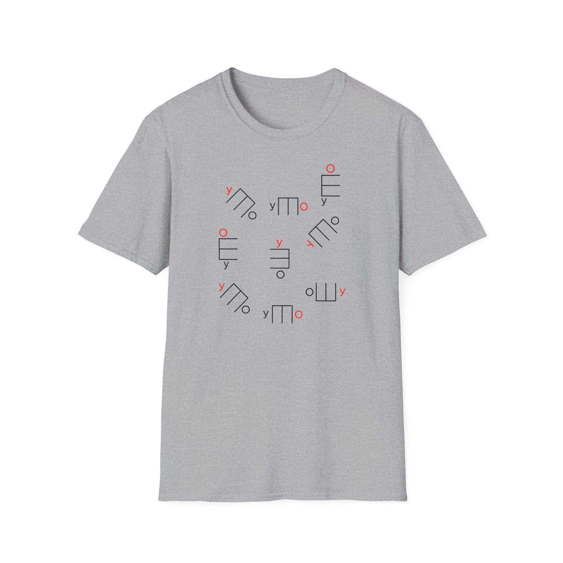 Grey t-shirt with a repeating pattern of abstract line art and the letter 'y'.