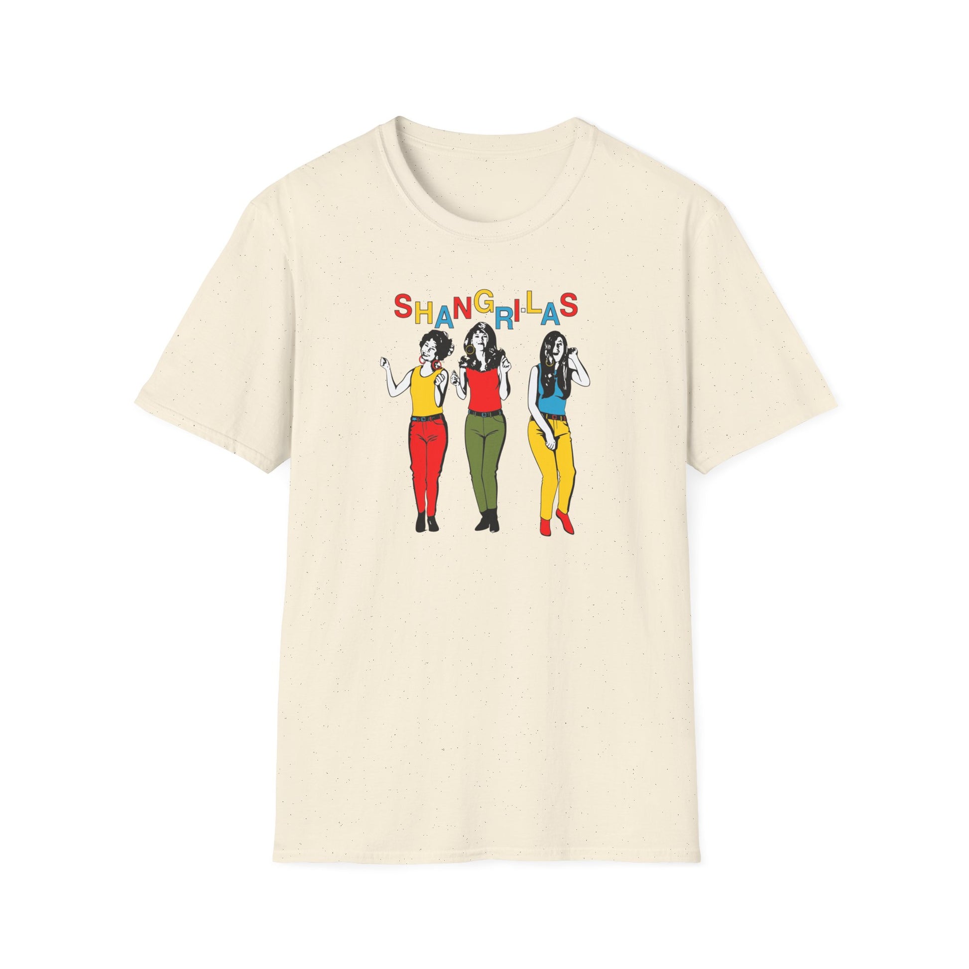 Cream t-shirt with illustration of three women and the text "SHANGRI-LAS".
