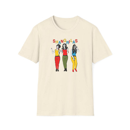 Cream t-shirt with illustration of three women and the text "SHANGRI-LAS".