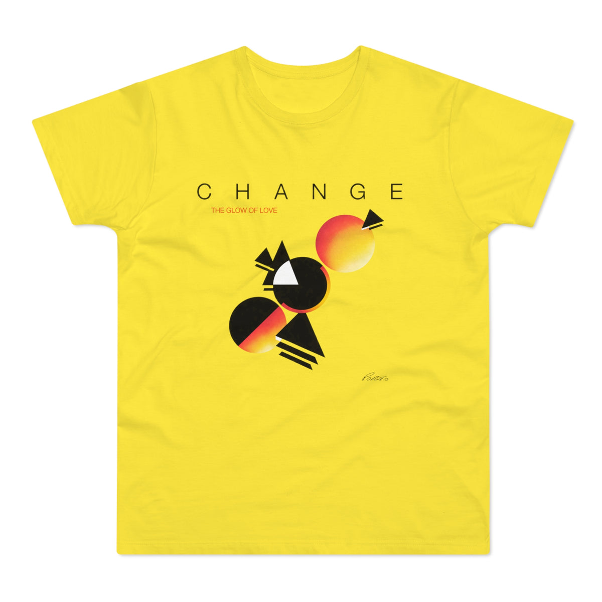 Yellow t-shirt with "CHANGE THE GLOW OF LOVE" and abstract shapes.