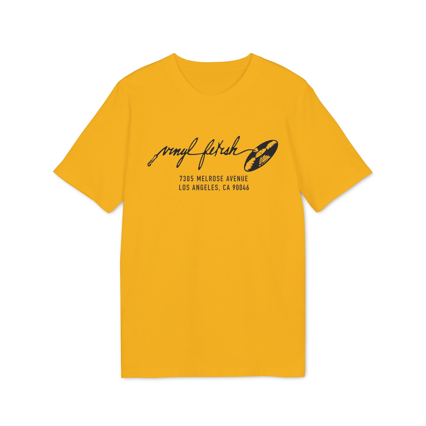 Yellow t-shirt with "Vinyl Fetish" text, record image, and Los Angeles address.