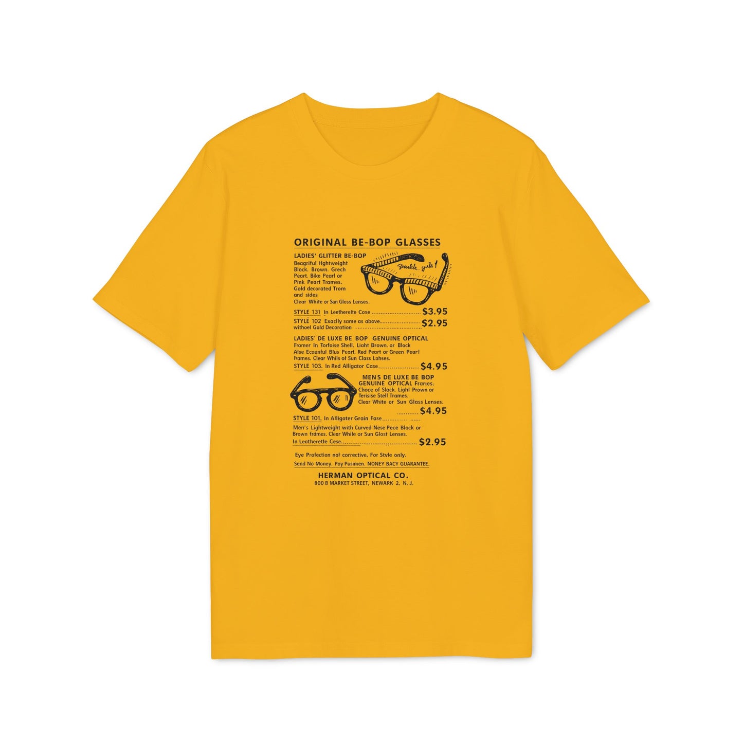 Yellow t-shirt with text and illustrations describing "Original Be-Bop Glasses."